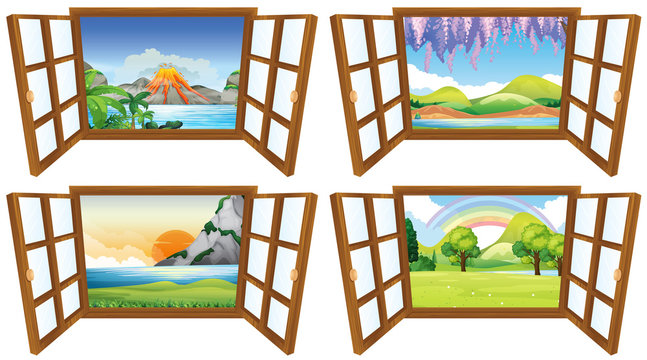 Four nature scenes through the window