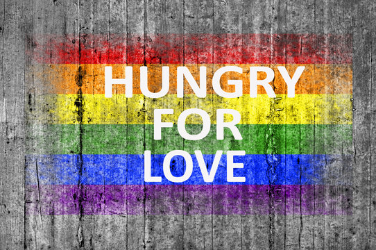 Hungry for love and LGBT flag painted on background texture gray