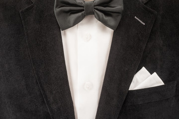Mens suit, shirt, bow tie and handkerchief 