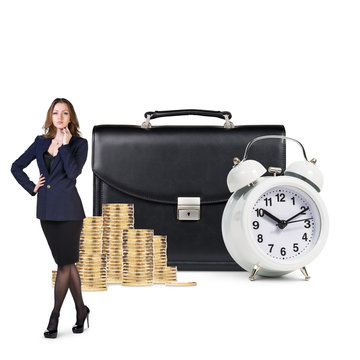 Business woman near alarm,briefcase and coins