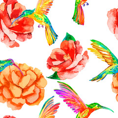 Tropical birds and flowers. Seamless pattern watercolor. Vector. Camellia, hummingbirds. Rosa.