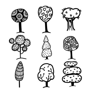 Set of hand drawn abstract trees. Colors book elements.