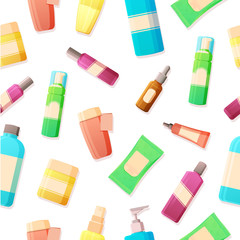 Seamless background with a pattern of bottles with cosmetics. Tonic, cream, serum, gel, skin care on a white background.