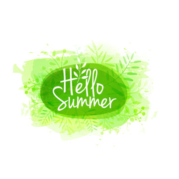 Template design of logo, stamp silhouette Hello, Summer. Watercolor green texture with floral, plant, berry decoration. Vector. 
