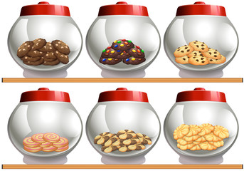 Six cookie jars with red lids