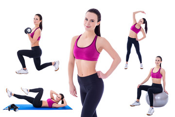 slim woman in sports wear doing fitness exercises isolated on wh