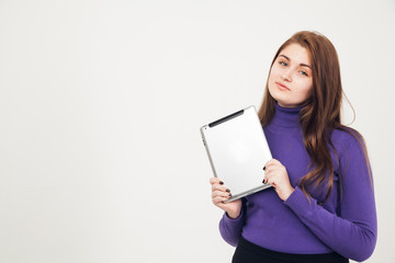 Fototapeta premium Teen with tablet pc, white background