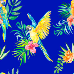 Fototapeta na wymiar Macaw seamless pattern. Palm leaves and tropical flower, camellias. Tropical parrot. Exotic. 