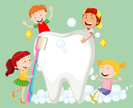 Children cleaning tooth with toothbrush