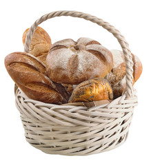 Basket with fresh bread on a white background.