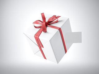 White gift box with red ribbon bow and blank business card, isolated on white. 3d render