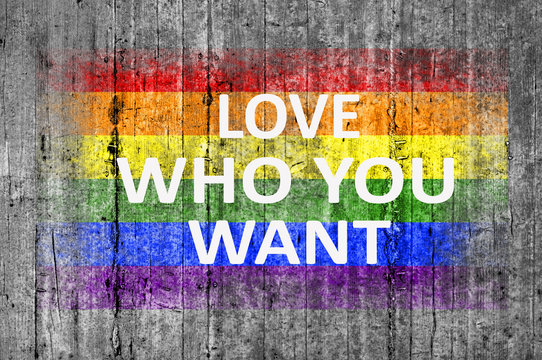 Love who you want and LGBT flag painted on background texture gr