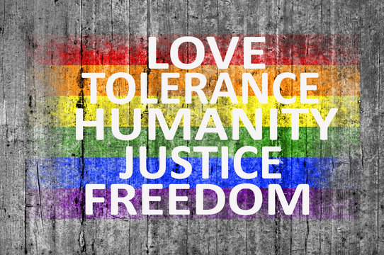 Love, Tolerance, Humanity, Justice, Freedom and LGBT flag painte