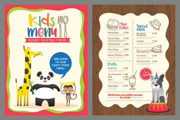 Cute colorful kids meal menu vector template with animals cartoon