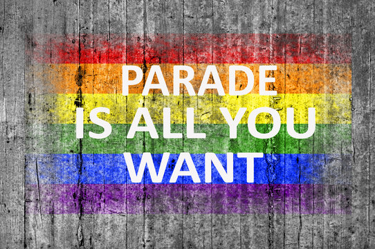 Parade is all you WANT and LGBT flag painted on background textu