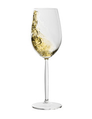 white wine glass with splash of wine isolated on white