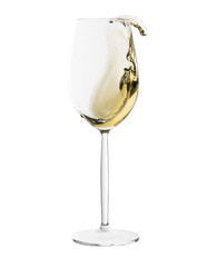 white wine glass with splash of wine isolated on white