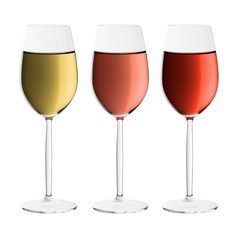 set of three wine glasses isolated on white