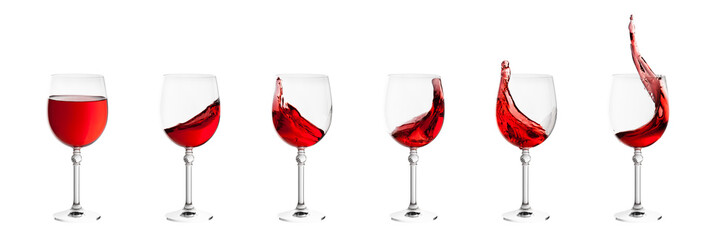 set of wine glasses with splashes of wine isolated on white back