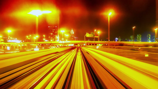 4K TimeLapse - From windshield window of the first wagon of best view night Dubai metro, November 2012