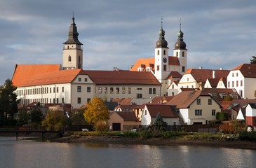 Evening view of Telc or Teltsch town mirroring in lake