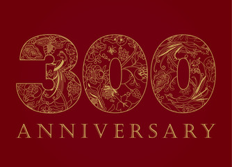 300 anniversary vintage golden numbers. The template logo of 300th birthday in ethnic patterns and the birds of paradise.
