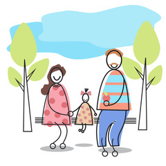 Happy Family Parents Kid Sitting On Bench Park Vector Illustration