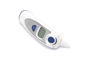 Digital white and blue thermometer with display isolated over wh