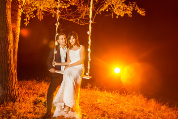 Beautiful young wedding couple is embracing on swing 