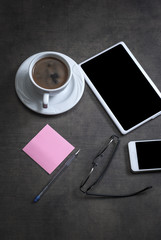 Office concept with blank screens on wooden background