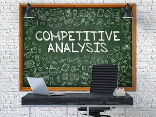 Competitive Analysis - Handwritten Inscription by Chalk on Green Chalkboard with Doodle Icons Around. Business Concept in the Interior of a Modern Office on the White Brick Wall Background. 3D.
