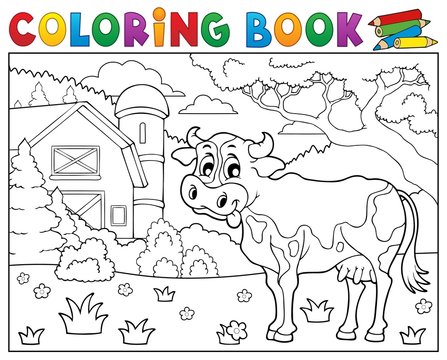 Coloring book cow near farm theme 2