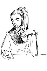  sketch of a girl drinking through a straw and looking at phone