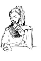  sketch of a girl drinking through a straw and looking at phone