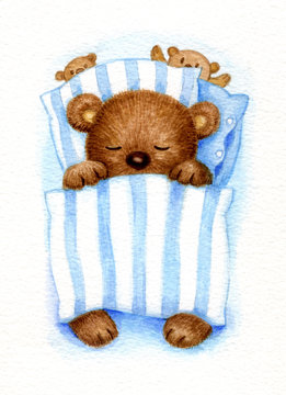 Cute Sleeping Baby Bear In Bed, Watercolor.