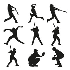 Set of baseball players silhouettes. Batter, catcher, pitcher, b