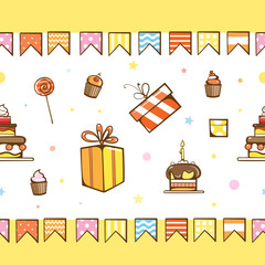 Vector birthday seamless pattern with cakes, gifts, cakes and flags.
