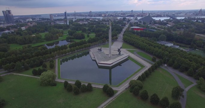 Aerial shot of a Soviet monument in Riga