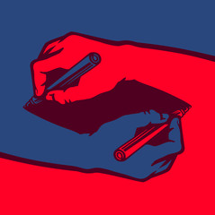 Red and blue mirrored hands drawing