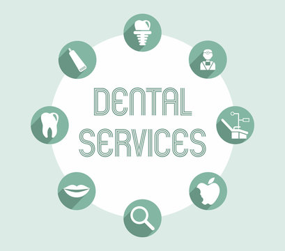 Dental services. Set of modern flat vector conceptual icons of dental clinic services.