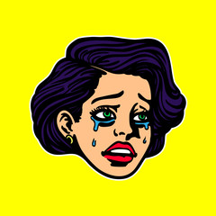 Sad broken-hearted crying girl face sobbing pop art vintage cartoon style vector illustration