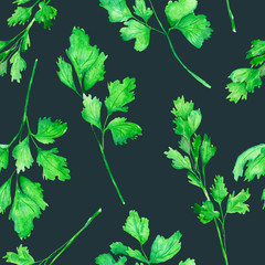 Fototapeta na wymiar A seamless pattern with the isolated parsley, painted hand-drawn in a watercolor on a dark background