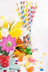 Colorful sweets, tulips and festive still life