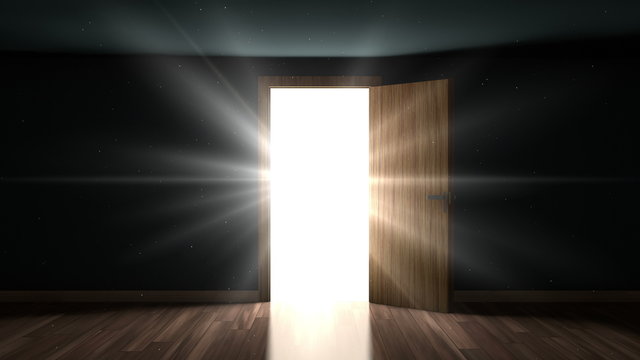 4K Light and particles in a room through the opening door.