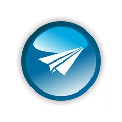 Icon paper airplane on blue round button