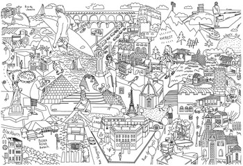draw maps of cities, doodles maps coloring, comic attractions map