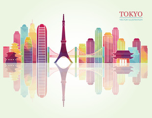 Panele Szklane  Tokio szczegółowe panoramy. ilustracja wektorowa