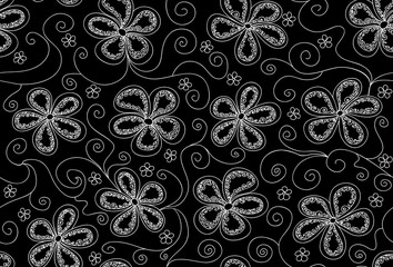 Beautiful black and white vector seamless pattern with lines, leaves and flowers