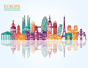 Europe skyline detailed silhouette. Vector illustration - obrazy, fototapety, plakaty