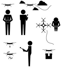 Men with drones doing jobs and flying icon symbol sign vector info graphic